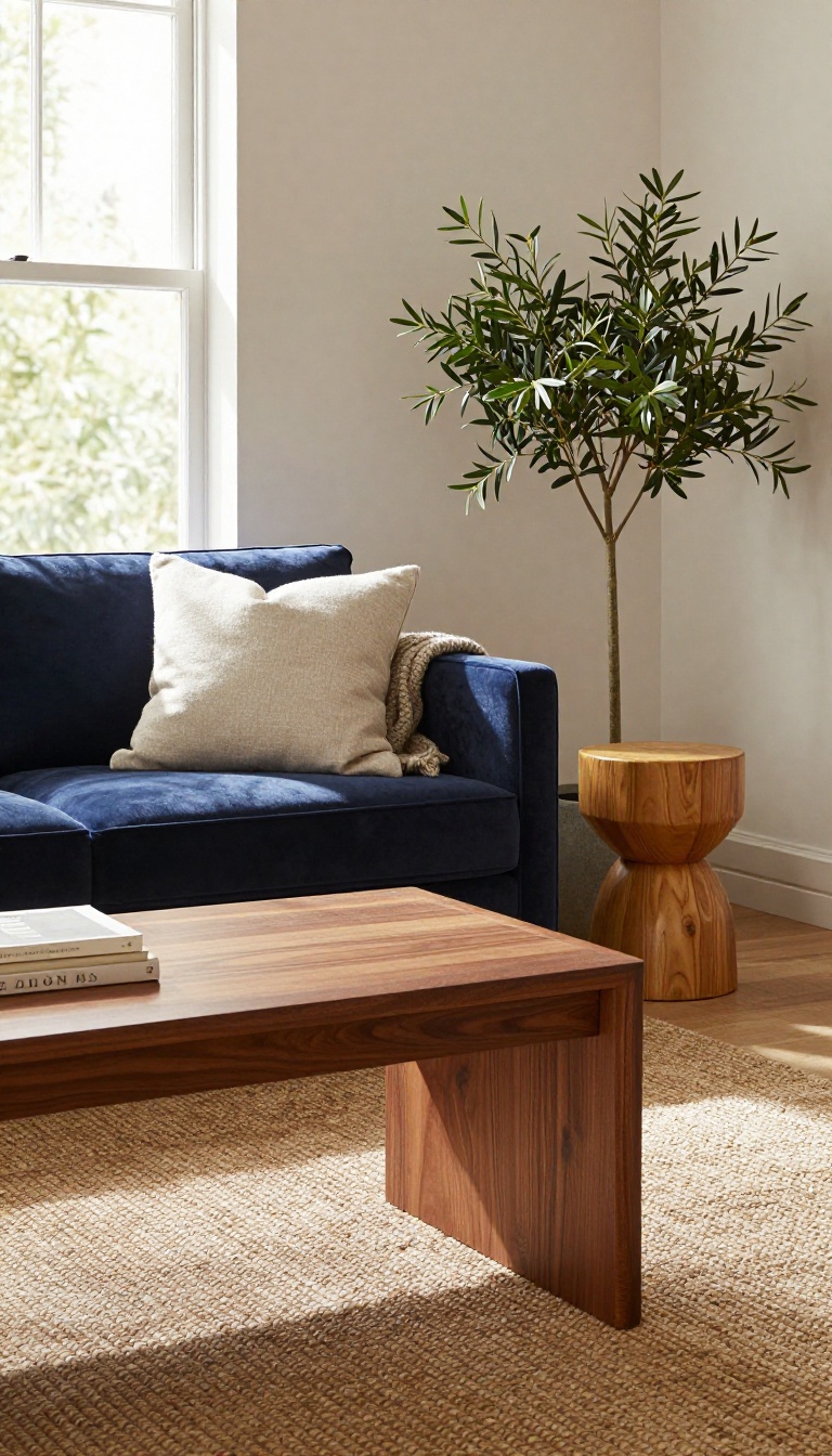 Navy blue couch styled with warm walnut and oak wood furniture in a bright cozy living room