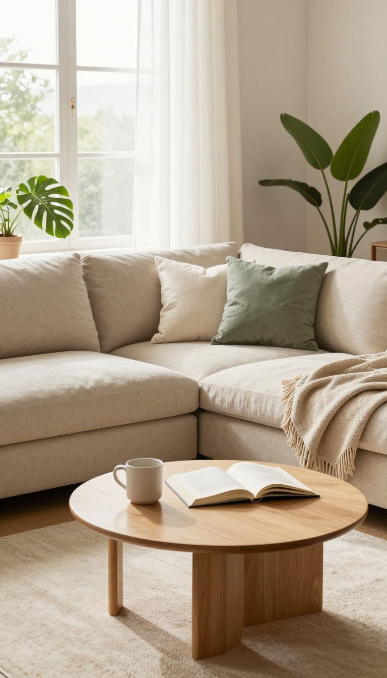 Small L-shaped sectional sofa tucked into a bright bedroom corner with a round coffee table, layered rug, and sheer curtains, defining a cozy seating nook