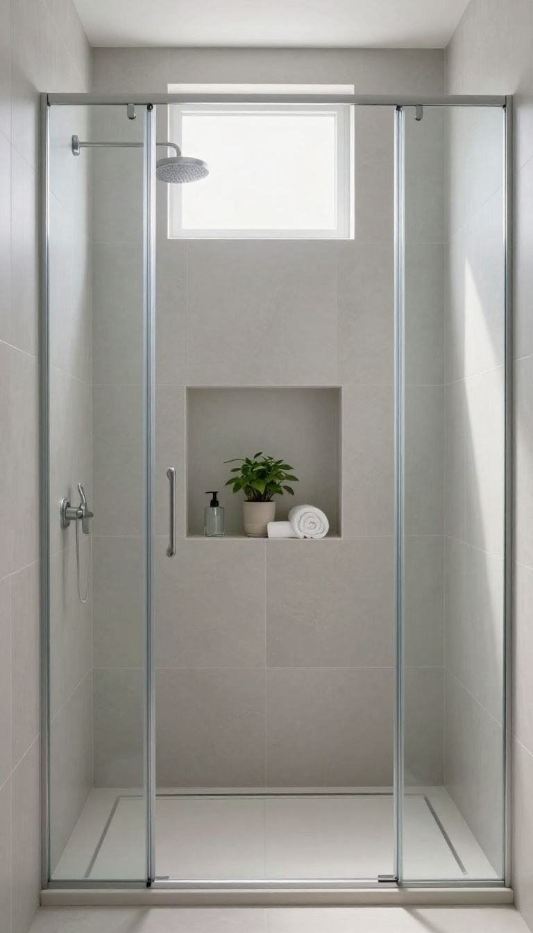 Small modern bathroom with a tiled shower surround featuring a recessed niche shelf holding a plant, soap dispenser, and folded washcloth.