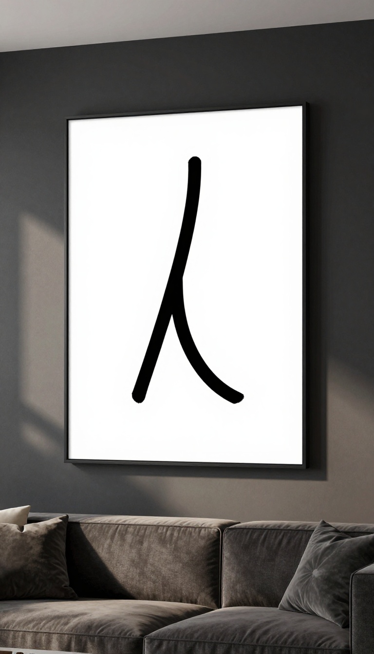 Modern black living room wall with a large white abstract line art canvas in a thin black frame above a dark sofa in bright natural light