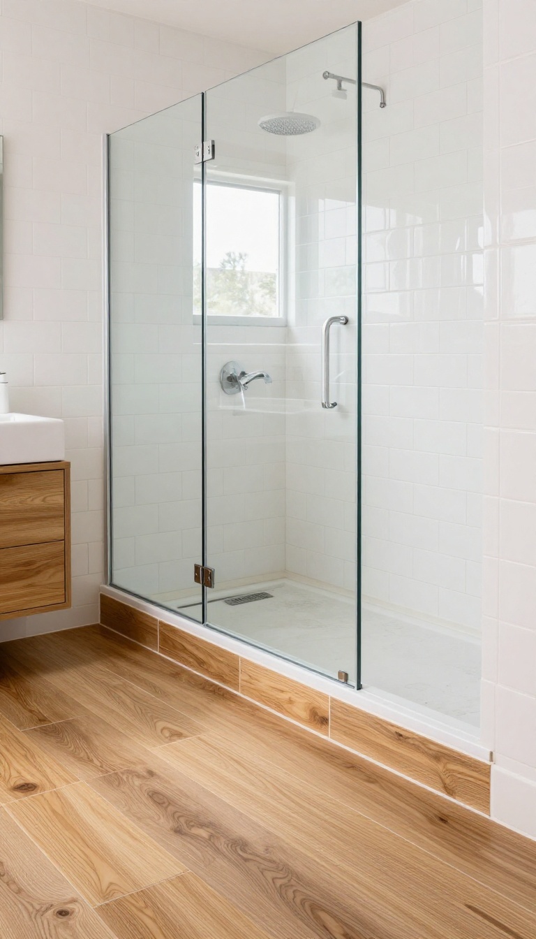 Modern bathroom with a wood-look tile shower threshold, warm oak tones, white subway tile walls, and glass shower screen.