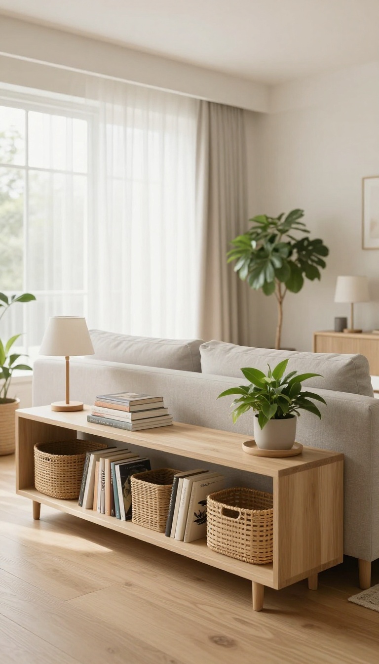 Slim narrow console table behind a light gray sofa dividing an open-plan living room, styled with small lamps, books, and baskets in bright natural light