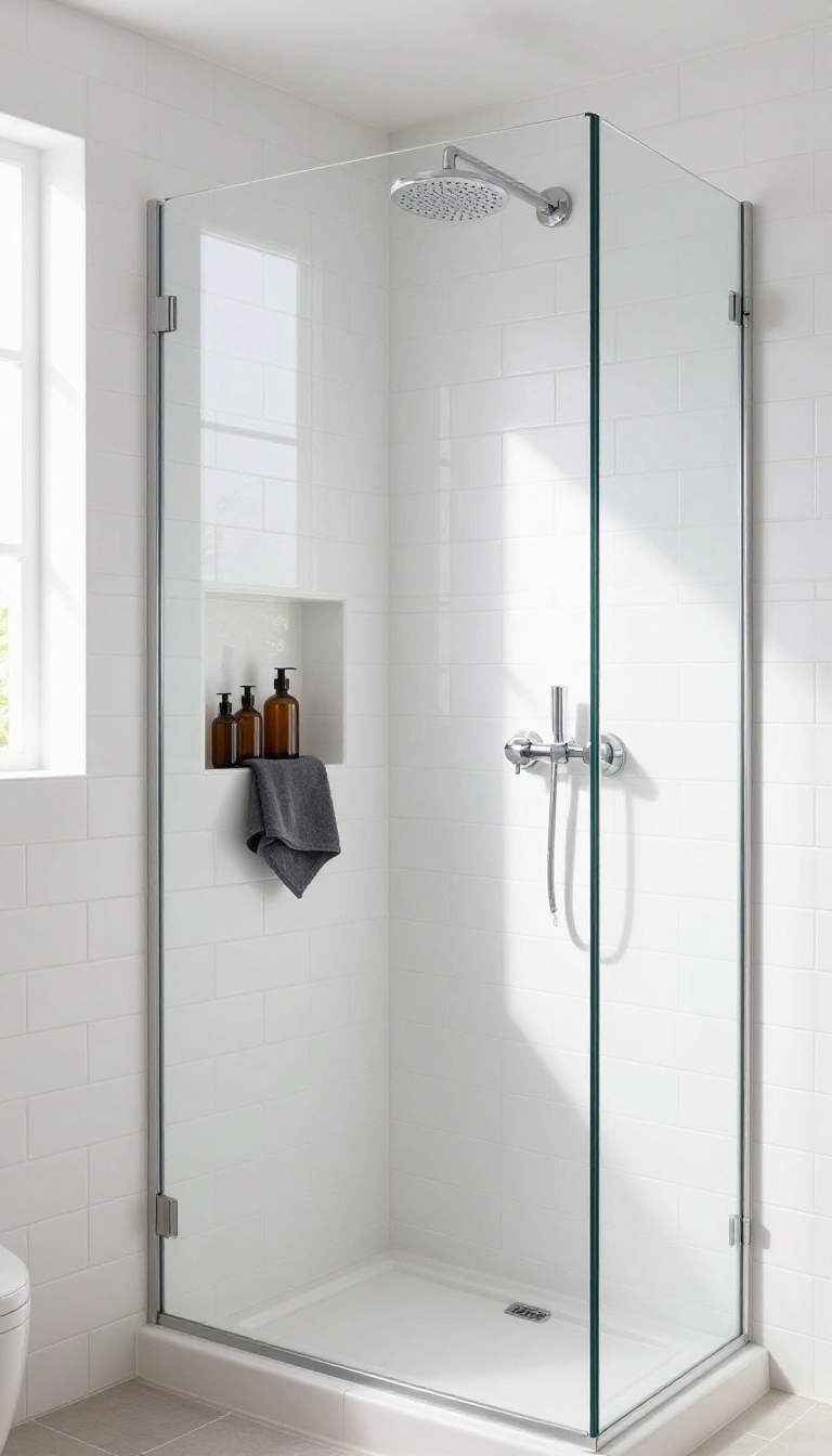 Small walk-in shower with a built-in tile niche holding shampoo bottles and a washcloth, demonstrating smart storage in a compact bathroom.