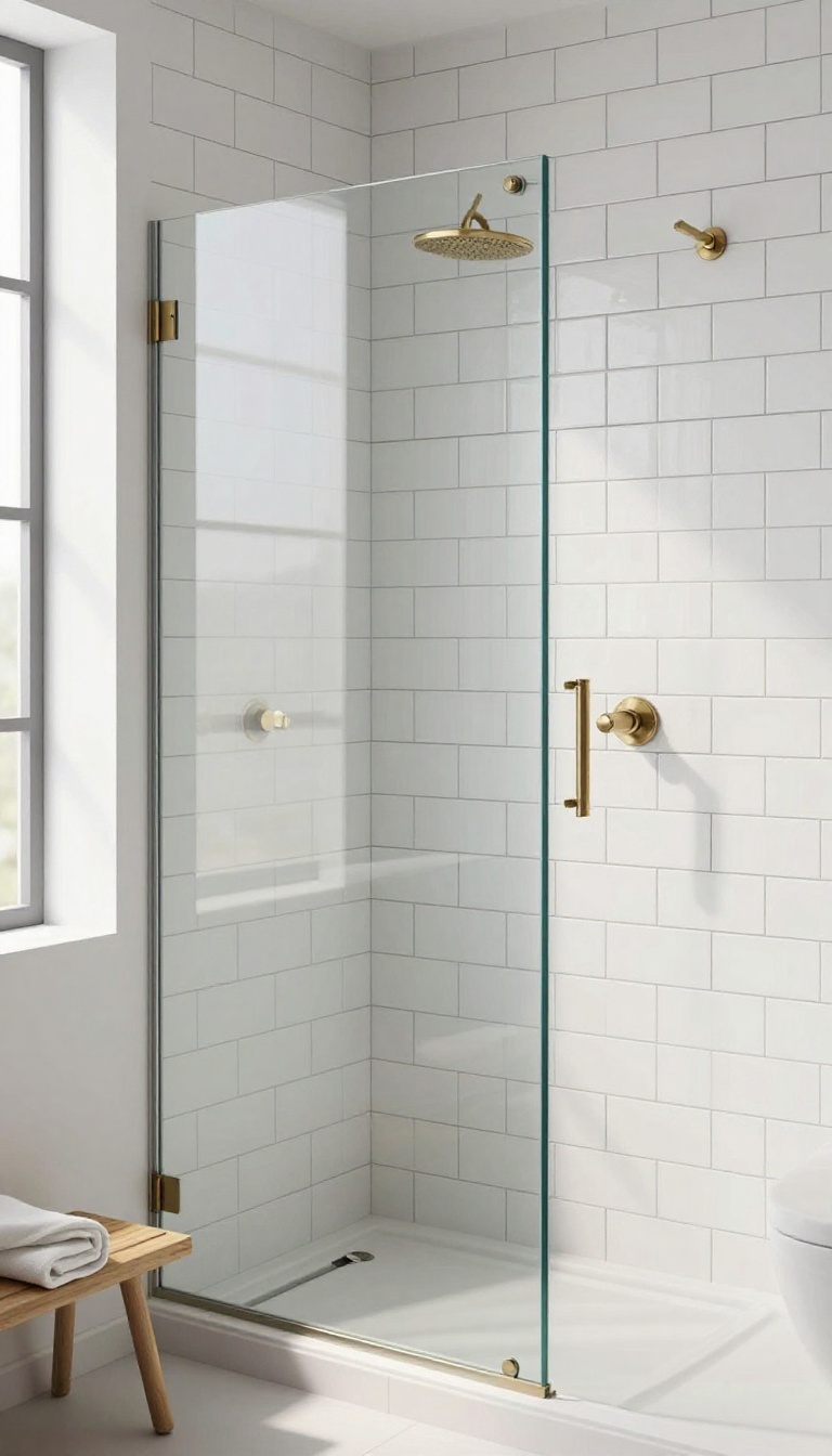Modern shower stall with white subway tile showing contrasting dark grout lines beside a seamless matching white grout section, bright natural light