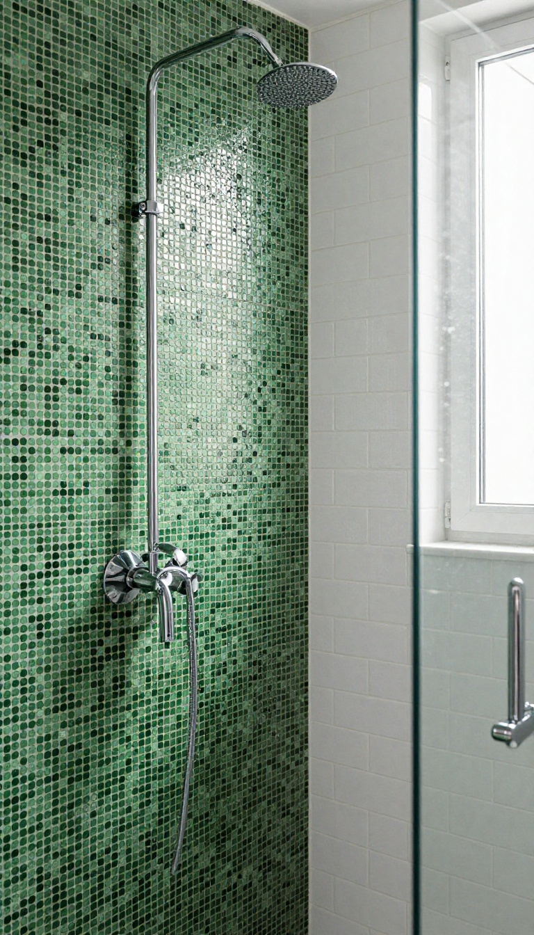 Bathroom shower with a full wall of deep green penny round mosaic tiles contrasting with white subway tile