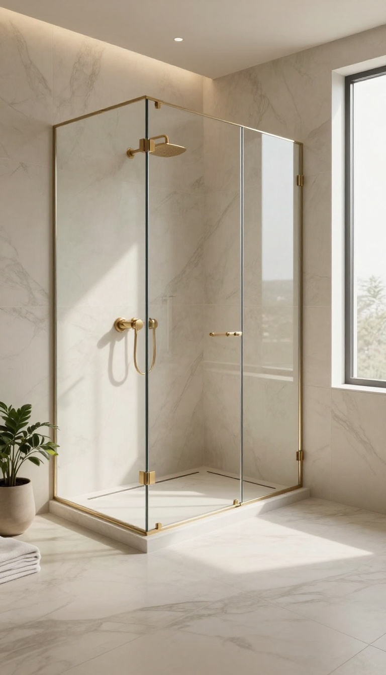 Curbless walk-in shower with seamless marble floor sloping to a linear drain in bright natural light
