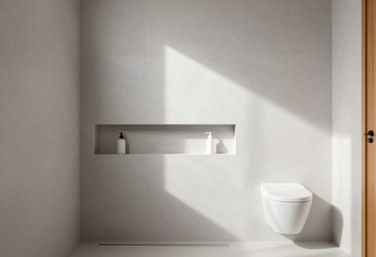 Modern shower stall with large gray tiles, linear drain, and built-in niche.