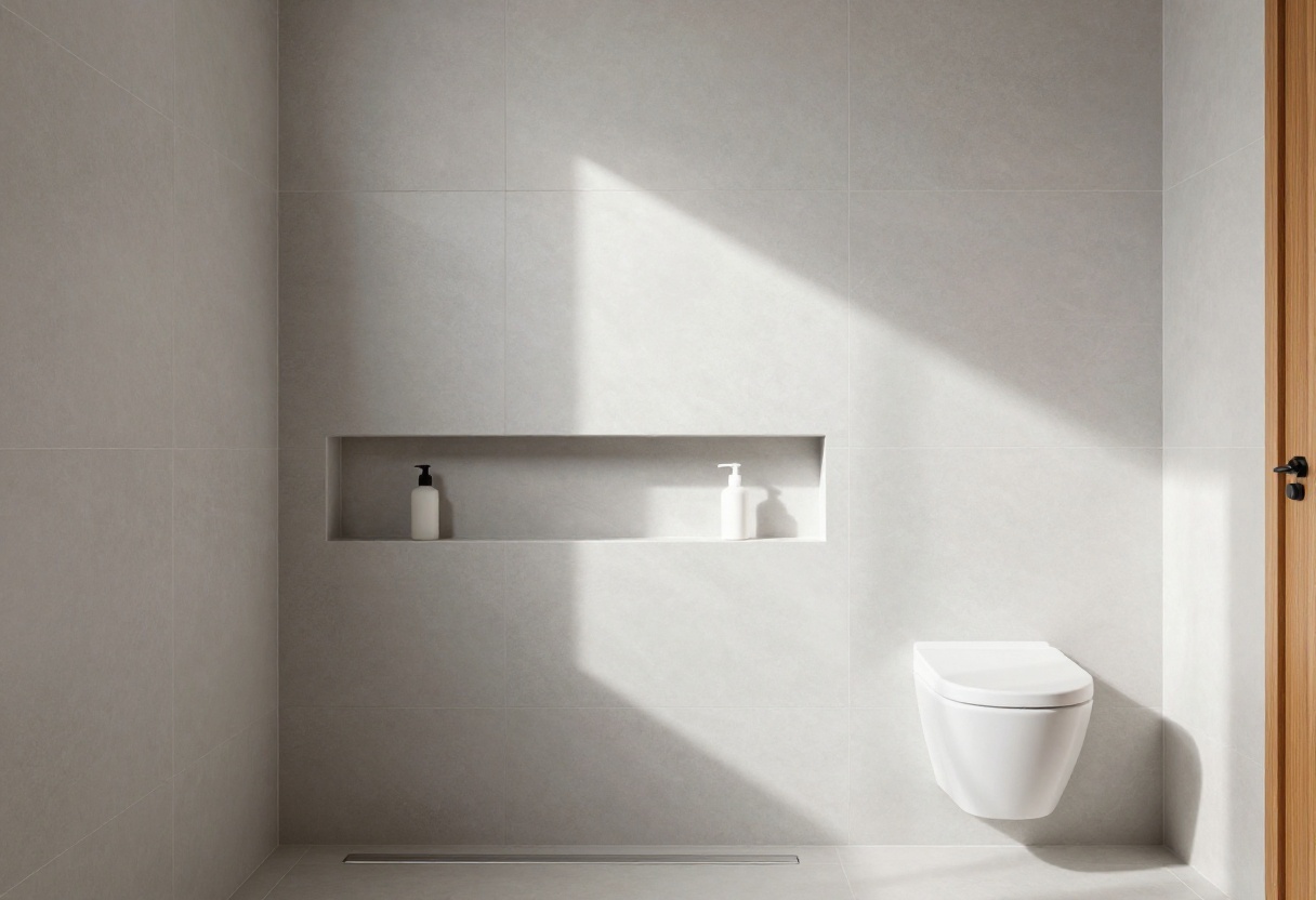 Modern shower stall with large gray tiles, linear drain, and built-in niche.