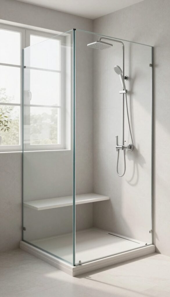 Bright modern shower with a triangular corner bench tucked into the tiled corner, maximizing space in a compact bathroom.