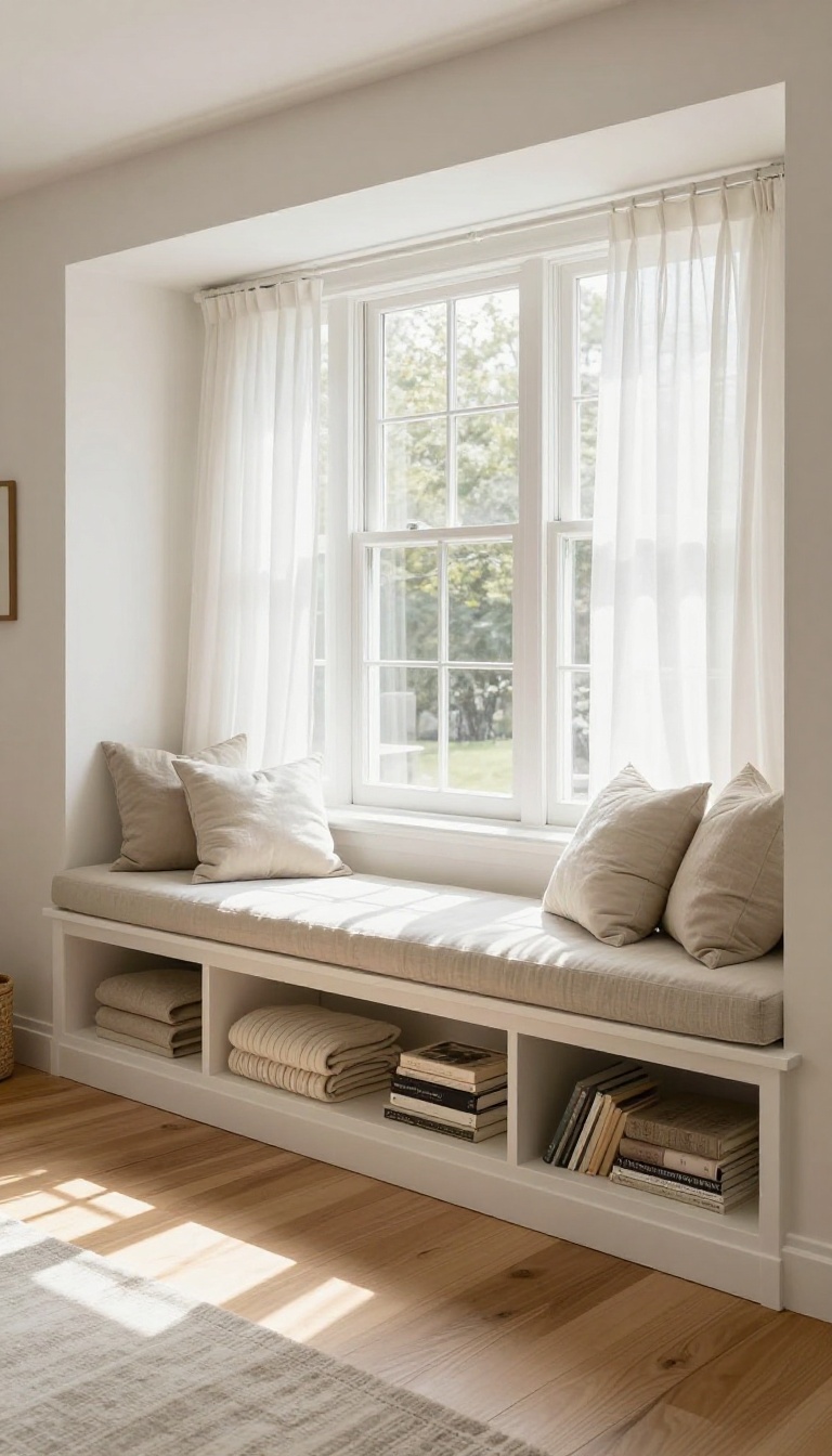Bright living room with a built-in window seat bench with a lift-up lid revealing hidden storage for blankets and books