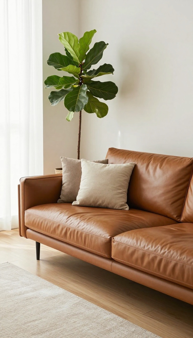 Bright living room with a caramel leather couch and a tall fiddle leaf fig tree in a woven basket planter beside a sunlit window