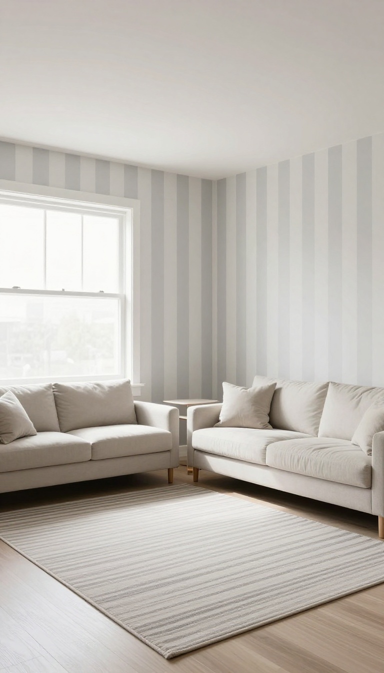 Low ceiling living room with subtle vertical striped painted walls and a striped rug, bright natural light, minimalist decor.