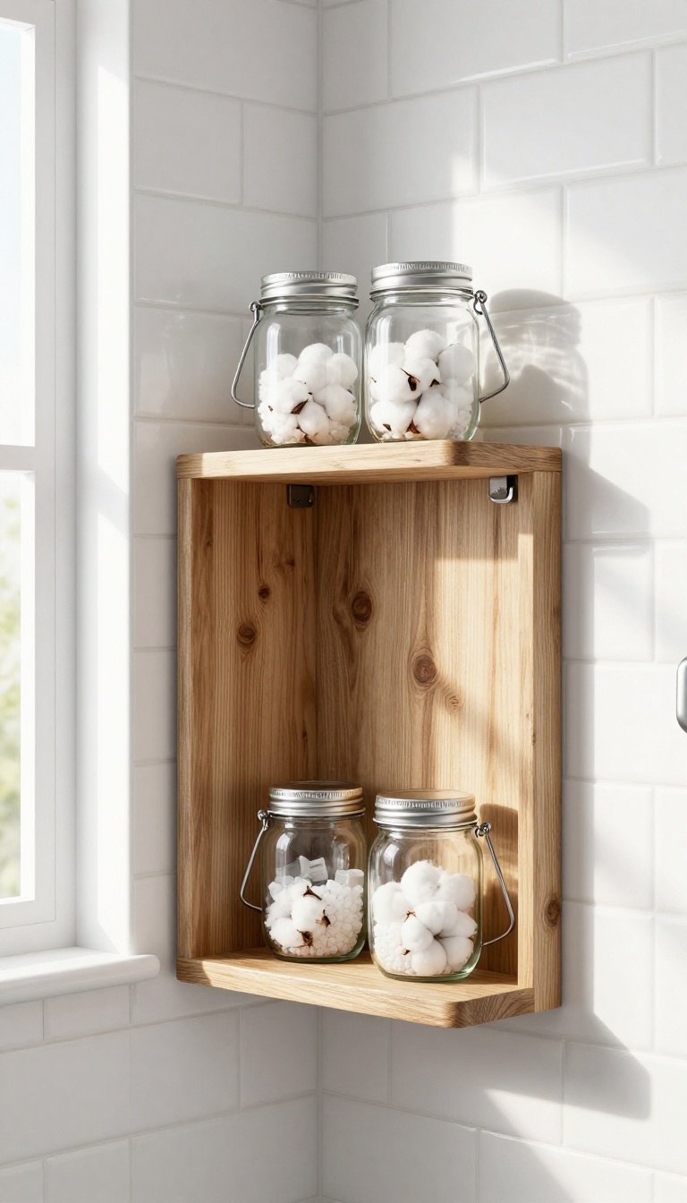Rustic mason jar rack mounted on a tiled shower wall, holding cotton balls and bath salts in clear jars