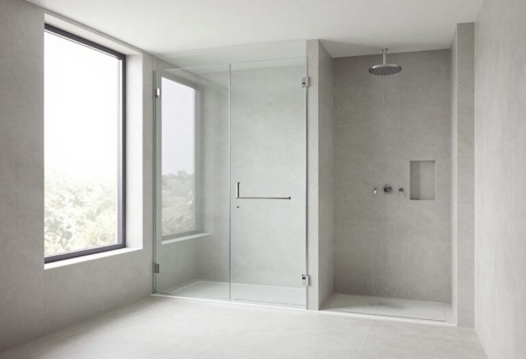 Modern walk-in master shower with curbless entry and frameless glass