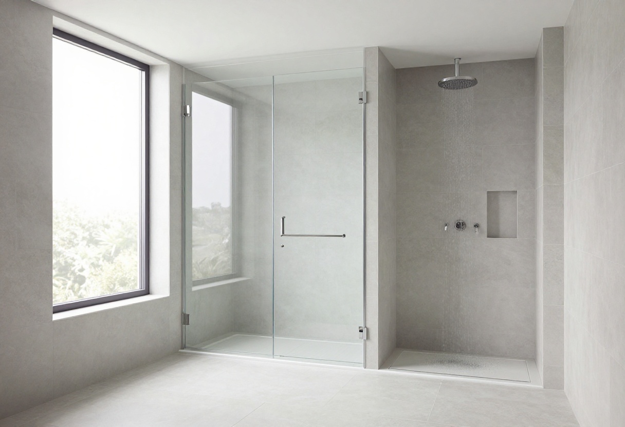 Modern walk-in master shower with curbless entry and frameless glass