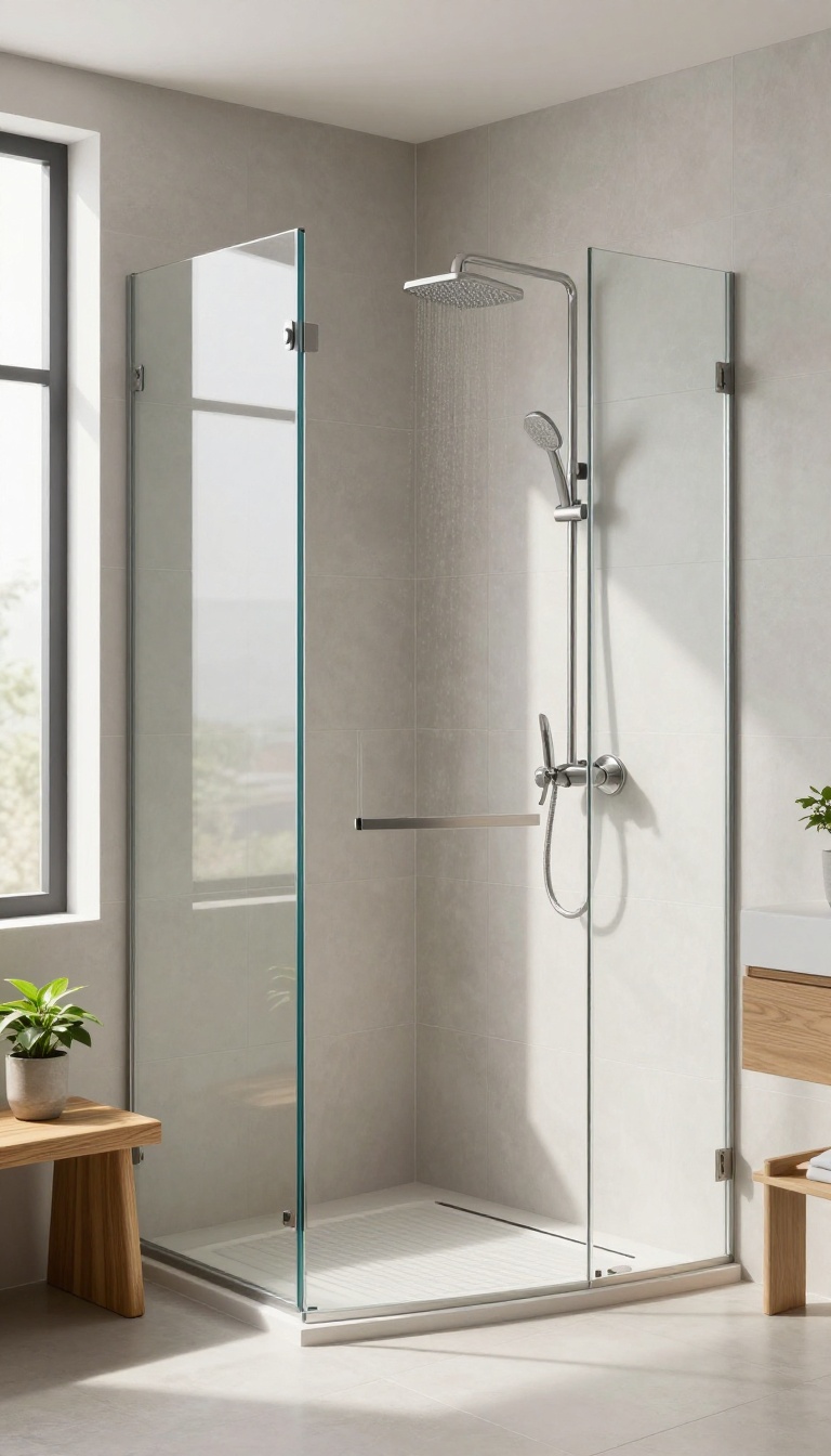 Modern walk-in shower with large-format tiles and minimal grout lines