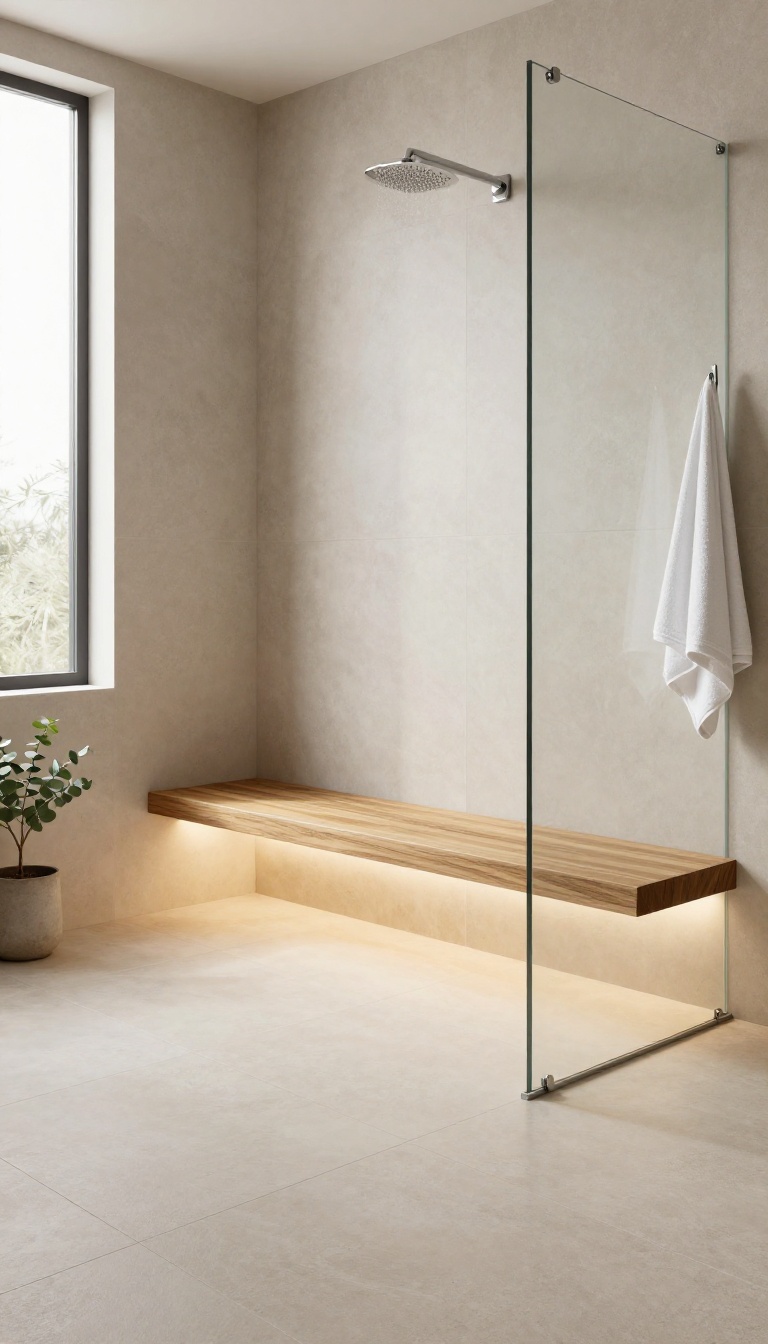 Modern walk-in shower with a floating wall-mounted teak bench glowing with warm LED strip lighting underneath, casting soft light across the tile floor in a bright spa-like bathroom