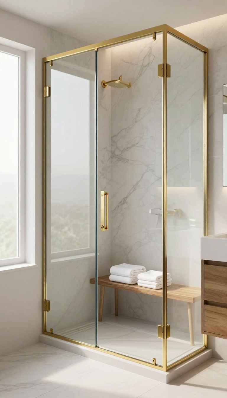 Modern bathroom with a brass-framed glass shower door, marble walls, and warm natural light