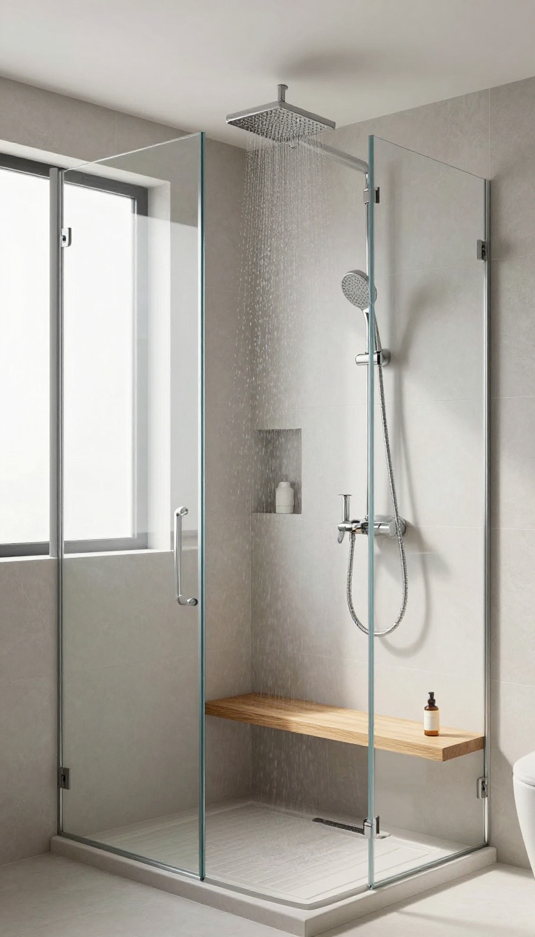 Walk-in master shower with rain showerhead and handheld sprayer