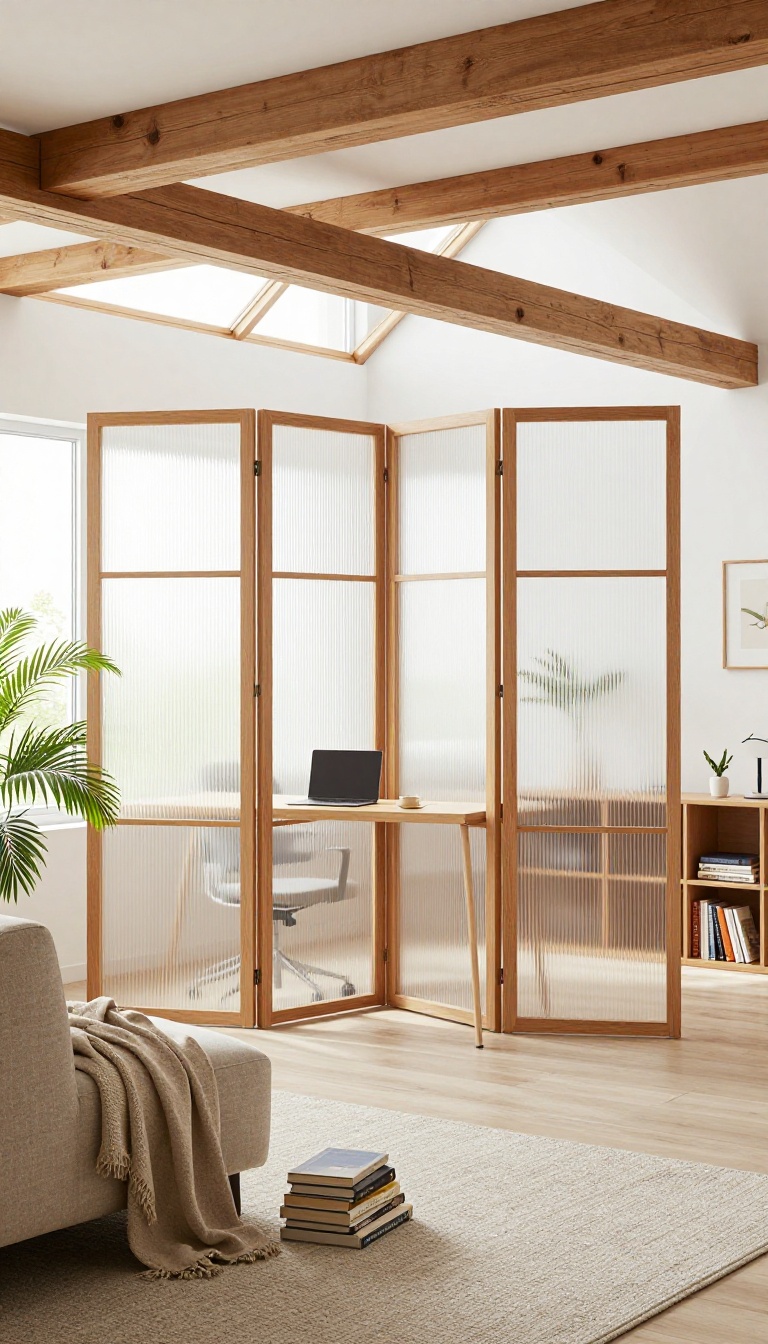 Bright loft living room with a slatted folding screen dividing a reading nook from a small home office area