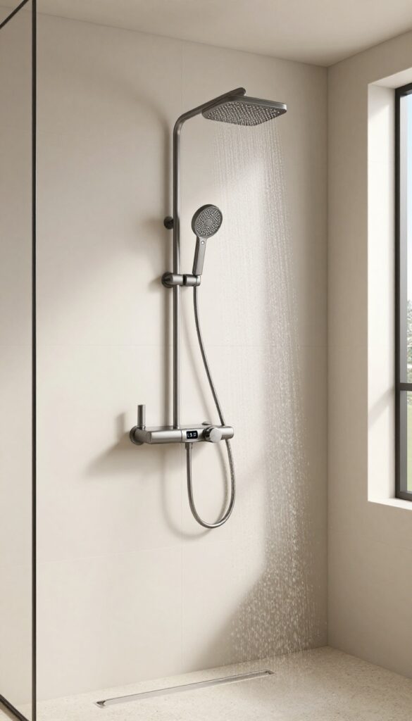 Modern bathroom shower with thermostatic valve and rainfall showerhead