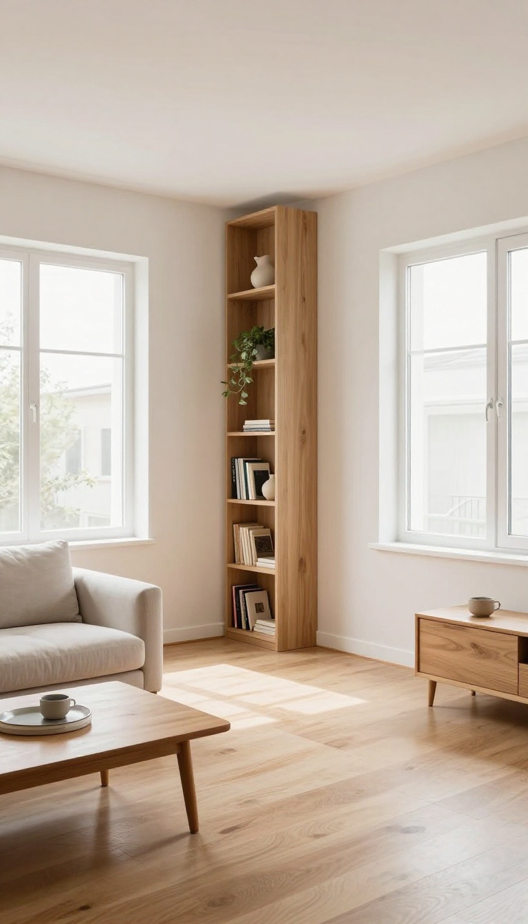 Tall narrow vertical bookshelf against a plain wall in a bright open plan living room with a clear floor and open walking path