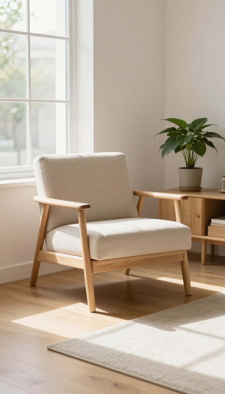 A slim accent chair with a light wood frame and beige upholstery angled into the corner of a bright small living room, saving space.