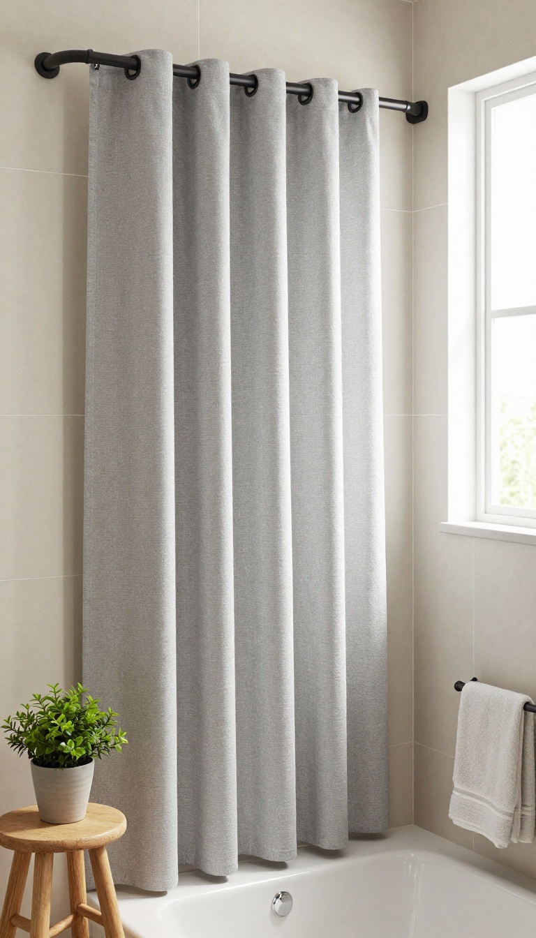 Modern bathroom with curved shower rod and fabric curtain, showing extra space and bright natural light