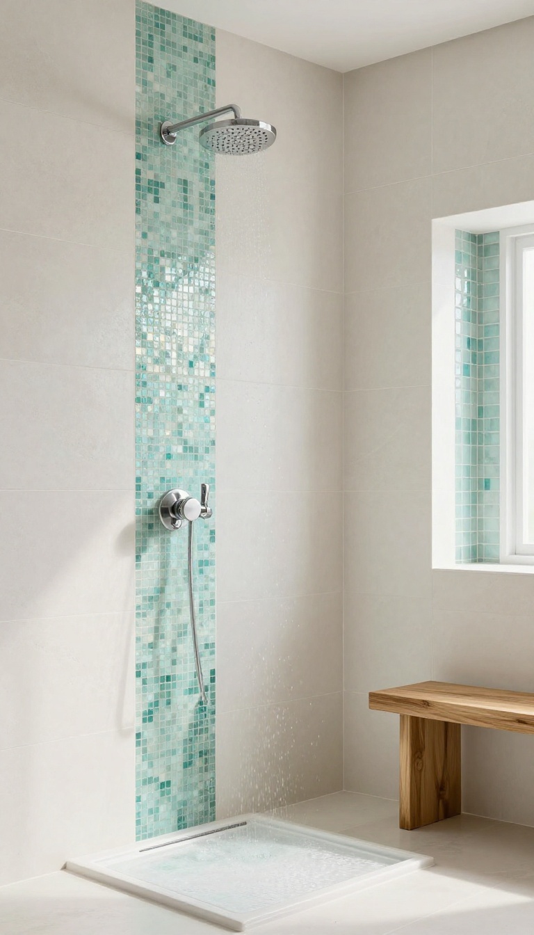Spa-like shower with a vertical stripe of iridescent glass mosaic tiles glowing in bright natural light against matte white walls