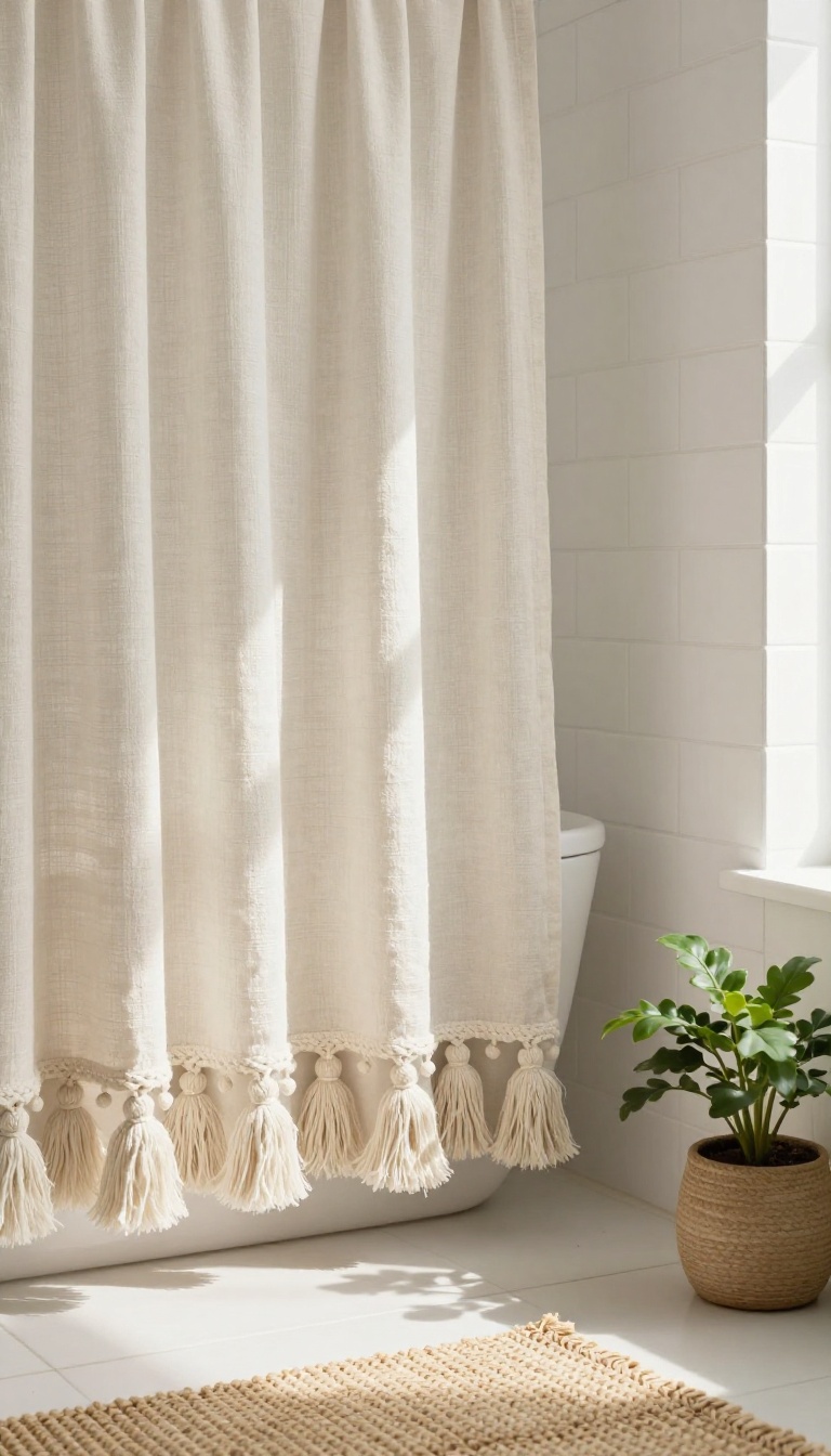Neutral linen shower curtain with chunky cotton tassels along the bottom hem in a bright minimalist bathroom