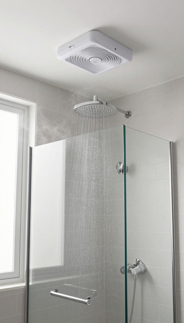 Modern basement shower with a ceiling ventilation fan and humidity sensor