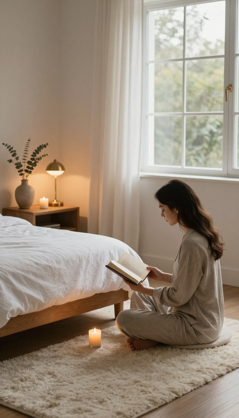 Woman relaxing on a rug in a dimly lit spa bedroom, reading by a warm lamp and candle as part of a nightly wind-down routine