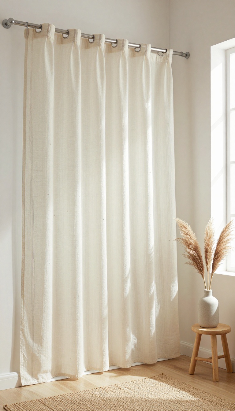 Sheer gauze shower curtain layered over a patterned liner in a bright boho bathroom with natural light and dried pampas grass