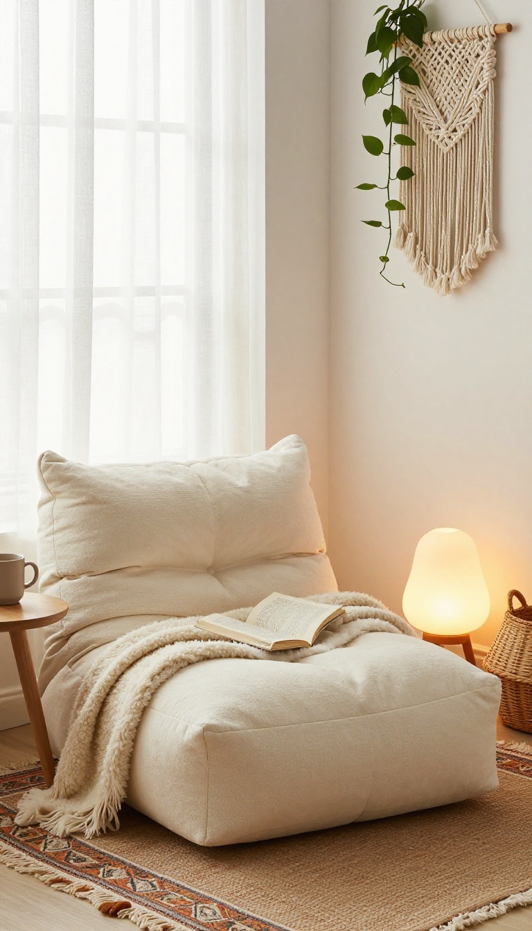 Cozy boho bedroom corner reading nook with a large textured floor cushion, small round side table, warm floor lamp, and layered woven textiles beside a sunlit window