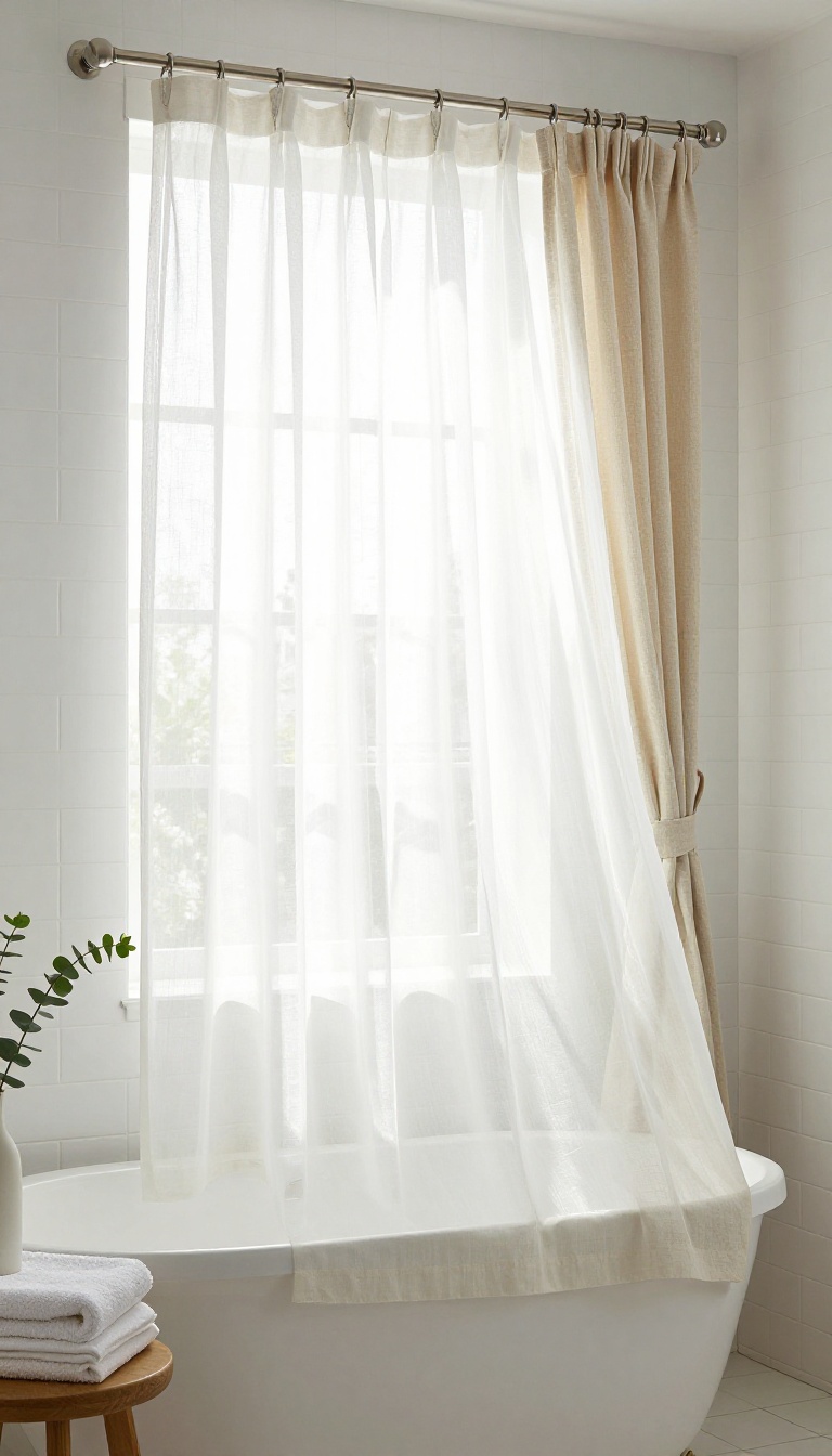 Bright bathroom with a sheer white inner shower curtain and a heavier ivory linen outer curtain on a double rod, styled with soft natural light