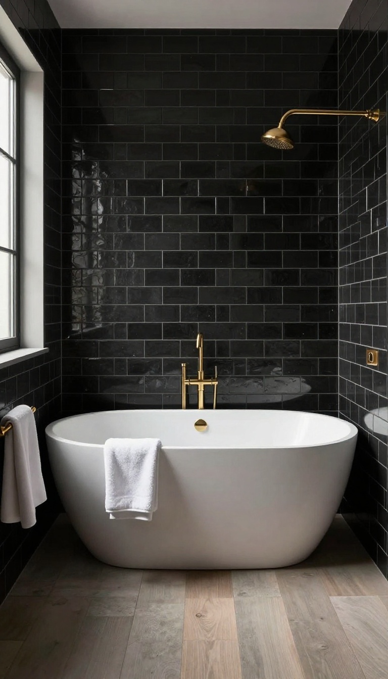 Modern bathroom with matte black tile surround and white freestanding tub, brass fixtures, and natural light.