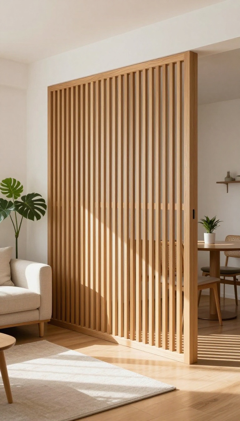 Bright small living room divided by a freestanding slatted oak wood screen with light passing through the gaps