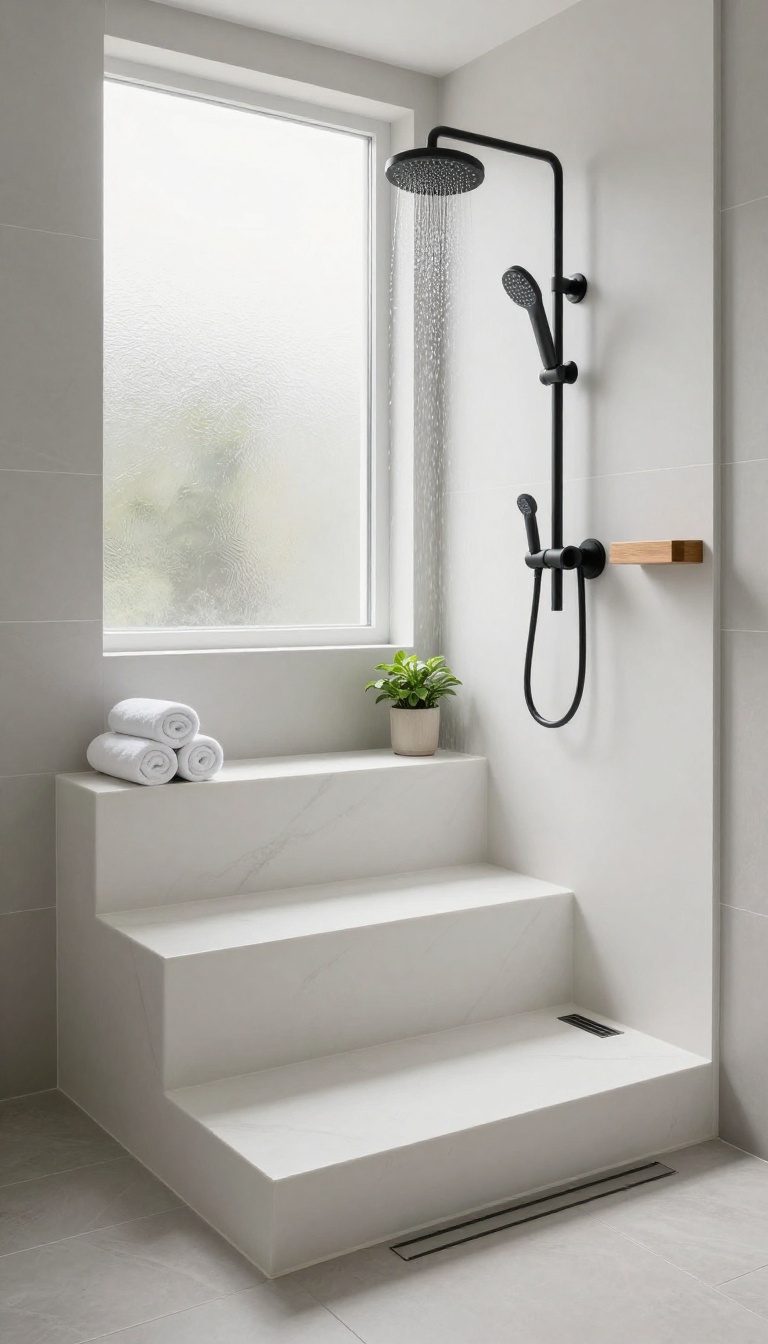 Modern bathroom shower with an integrated two-tier step-bench combo in white quartz, a low step in front rising to a deeper bench seat, glass panel, and bright natural light
