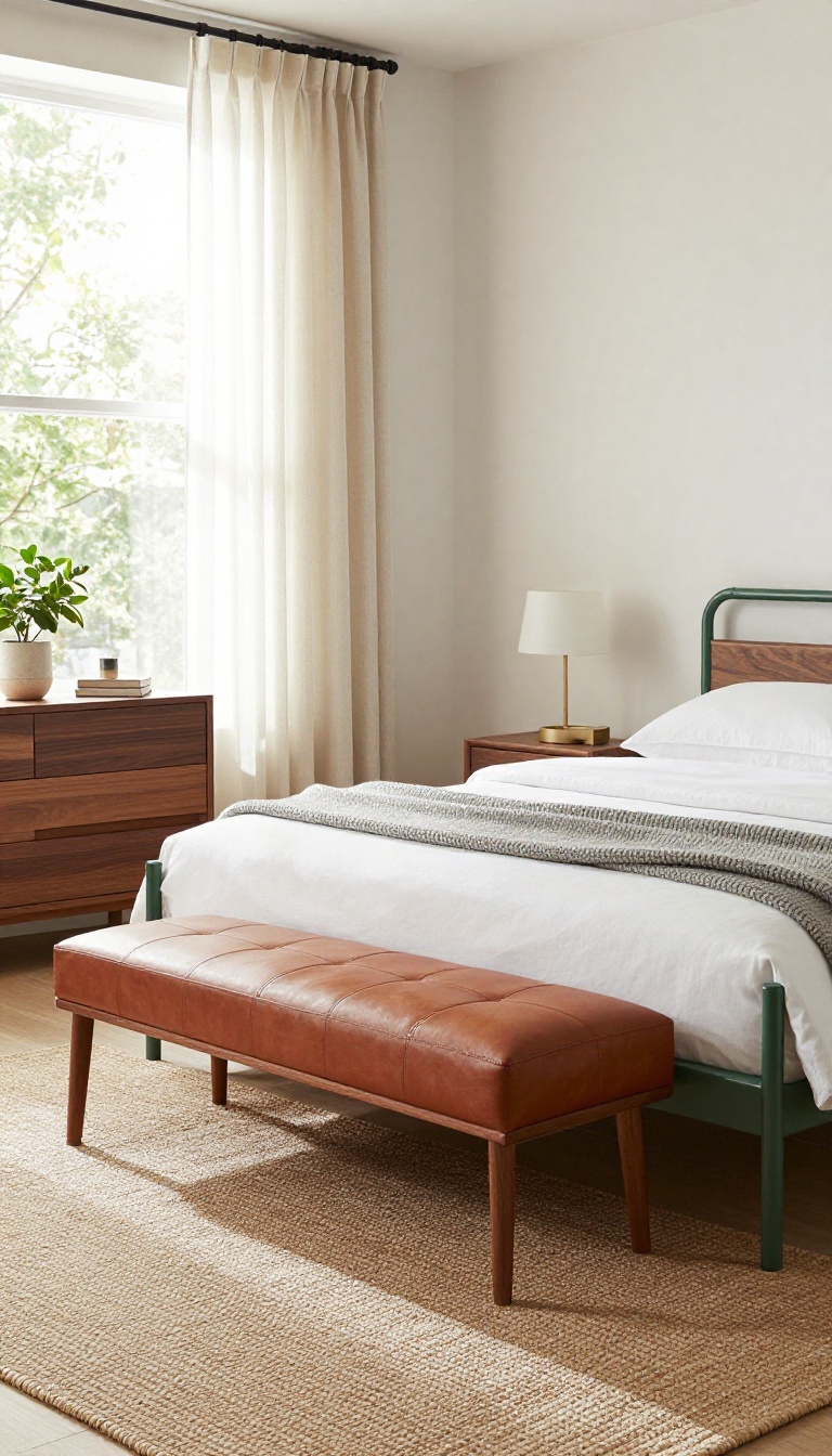 Bedroom with a green metal bed frame paired with warm walnut wood nightstands and a cognac leather bench, styled with white bedding and natural light