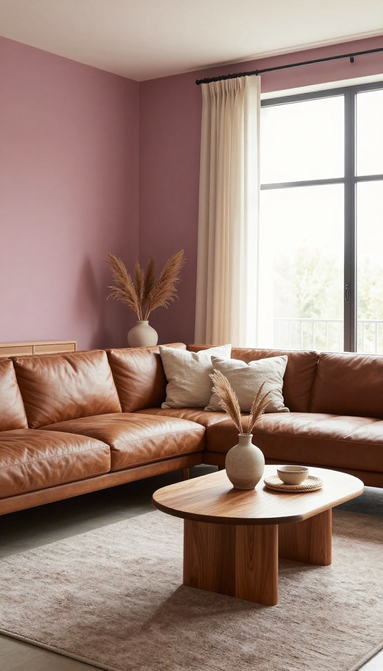 Living room with dusty rose painted walls and brown leather and wood furniture in soft natural light