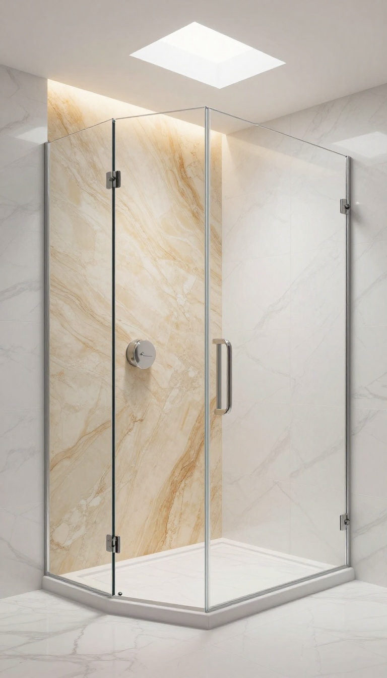 Frameless glass shower with glowing honey onyx accent wall