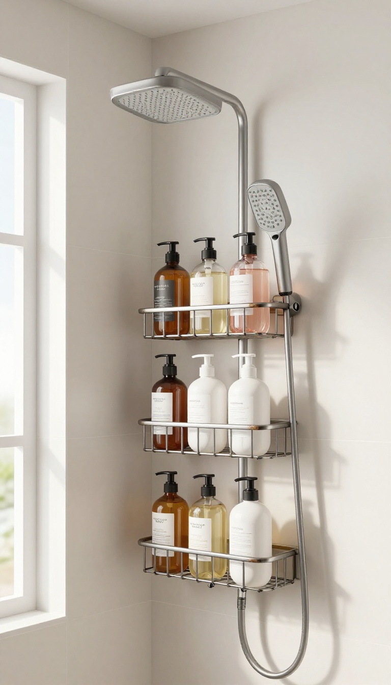 Over-the-showerhead hanging rack with matching shampoo bottles in a bright, modern shower