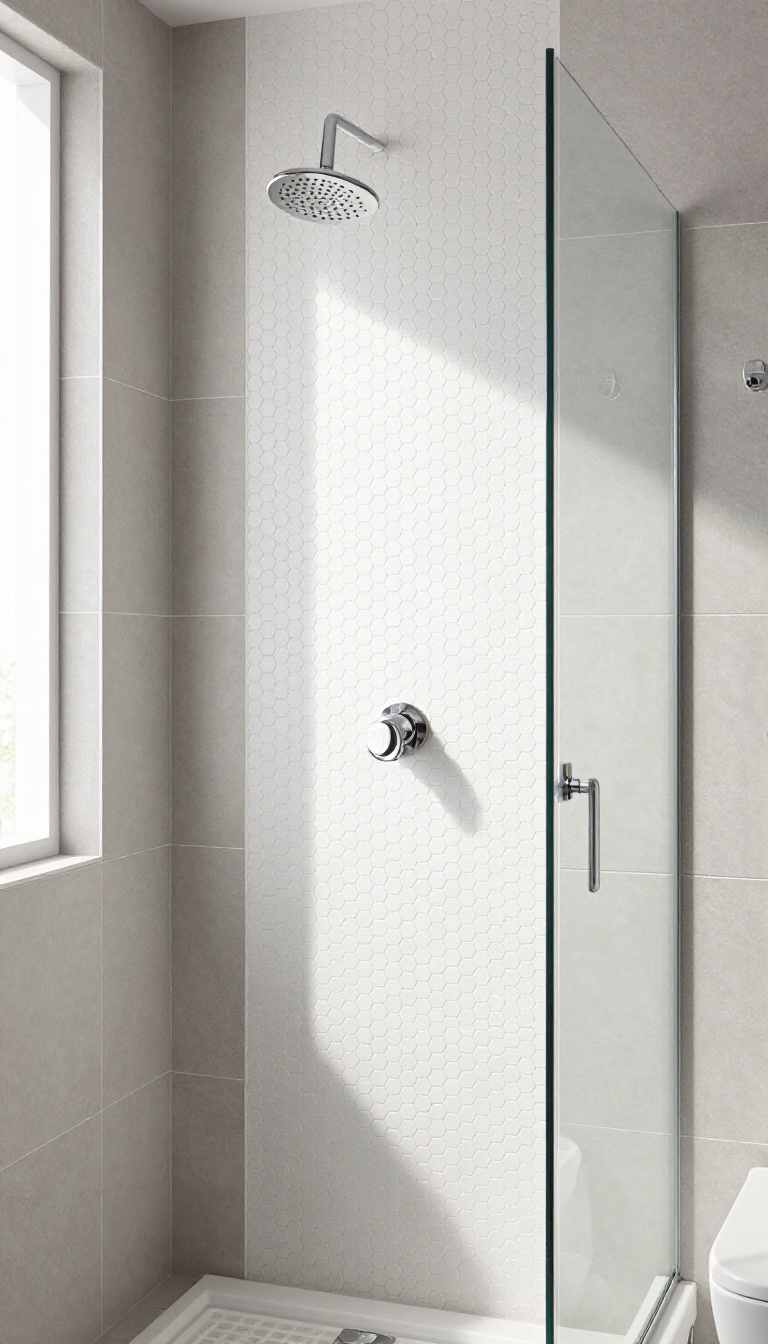 Modern shower with a floor-to-ceiling white hexagon tile feature panel behind a chrome showerhead, surrounded by large gray tiles in bright natural light.