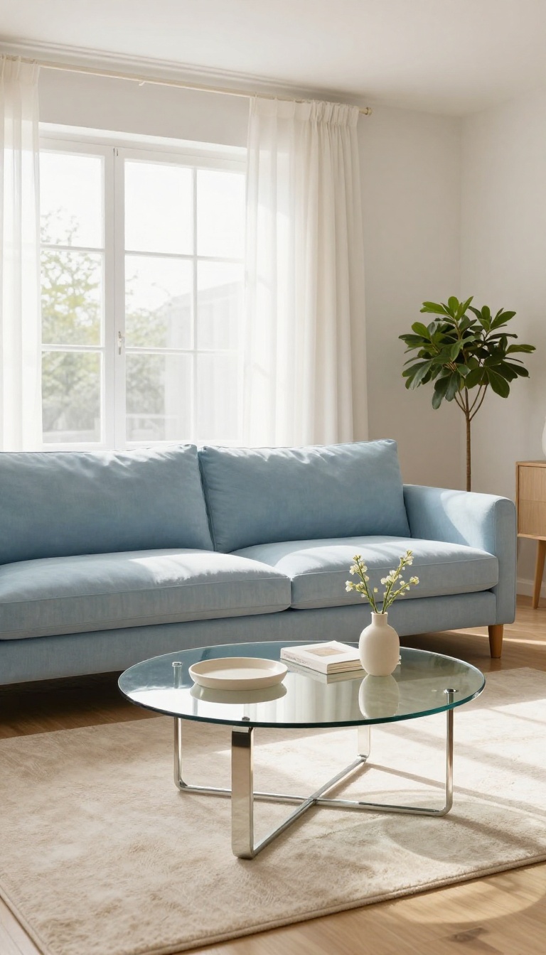 Serene light blue living room with a pale blue couch and a round mirrored glass coffee table reflecting bright natural light