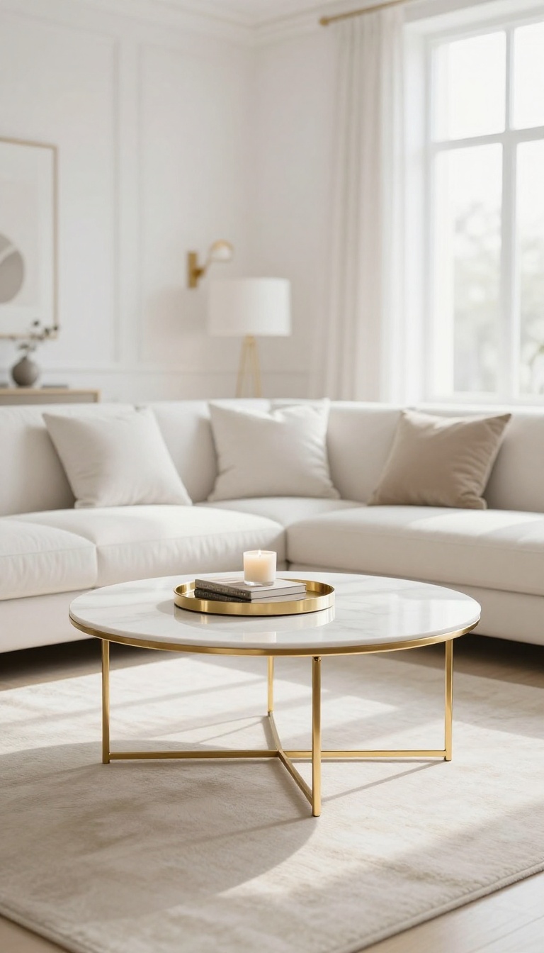 Elegant white and gold living room with a round marble and brass coffee table in front of a white sofa, bright natural light