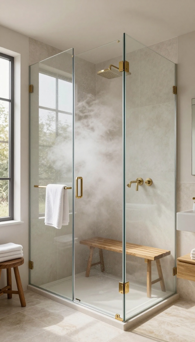 Glass-enclosed steam shower in a bright master bathroom with soft mist and spa-like tile details