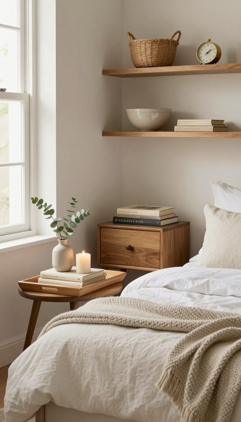 Cozy classic Pottery Barn style bedroom nightstand and open shelves styled simply with a wooden tray, books, candle, small vase, woven basket, and ceramic bowl in bright natural light