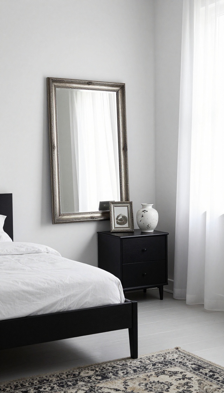 Black and white minimalist bedroom with a vintage faded charcoal and ivory rug, antique chipped mirror, and tarnished silver accents in bright natural light
