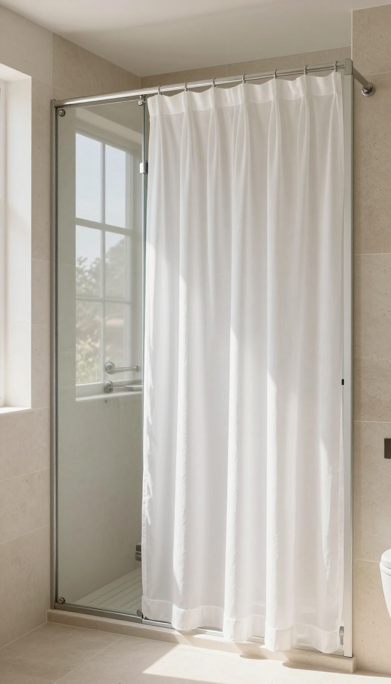 Sheer white curtain in a bright walk-in shower with soft natural light