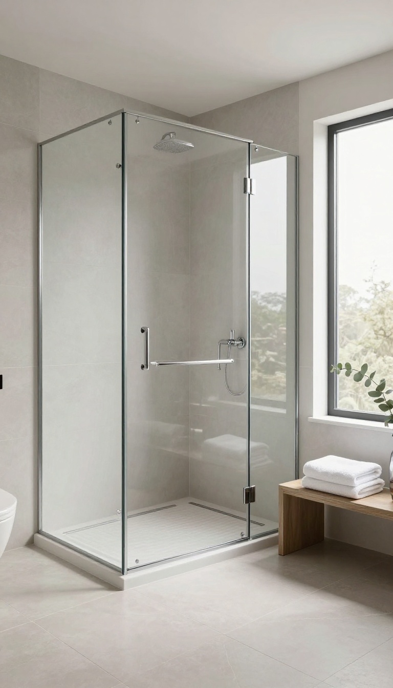 Curbless walk-in shower with a flush seamless entry, continuous large-format tile floor, linear drain, and frameless glass in a bright modern master bathroom